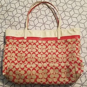 Coral and Cream Coach Tote